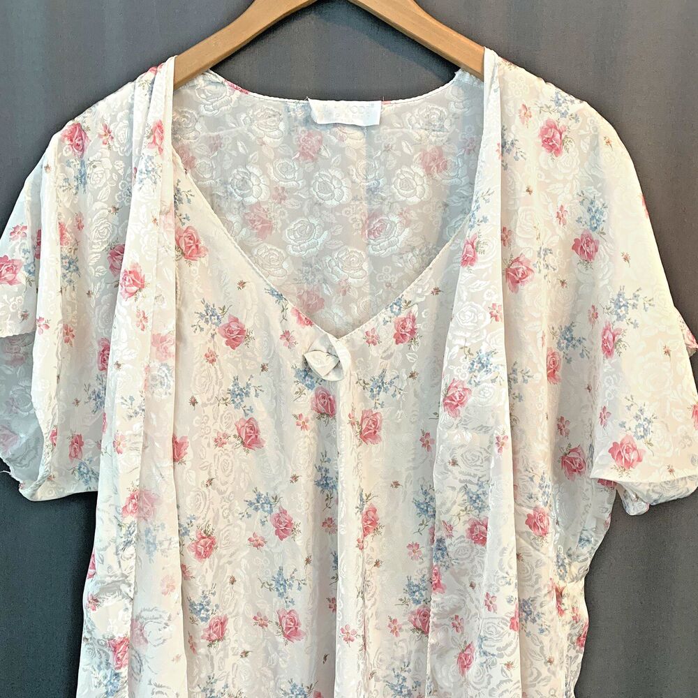 Vtg Val Mode Satin Peignoir Chemise Robe Set Medium Pink Floral Cottage Romantic